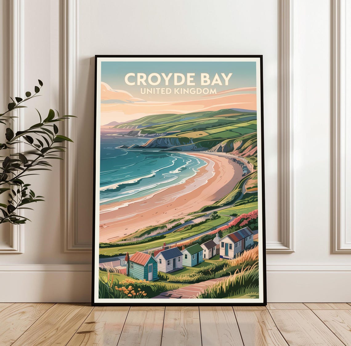 Croyde Bay Beach Huts Sunset Coastline England Travel Poster
