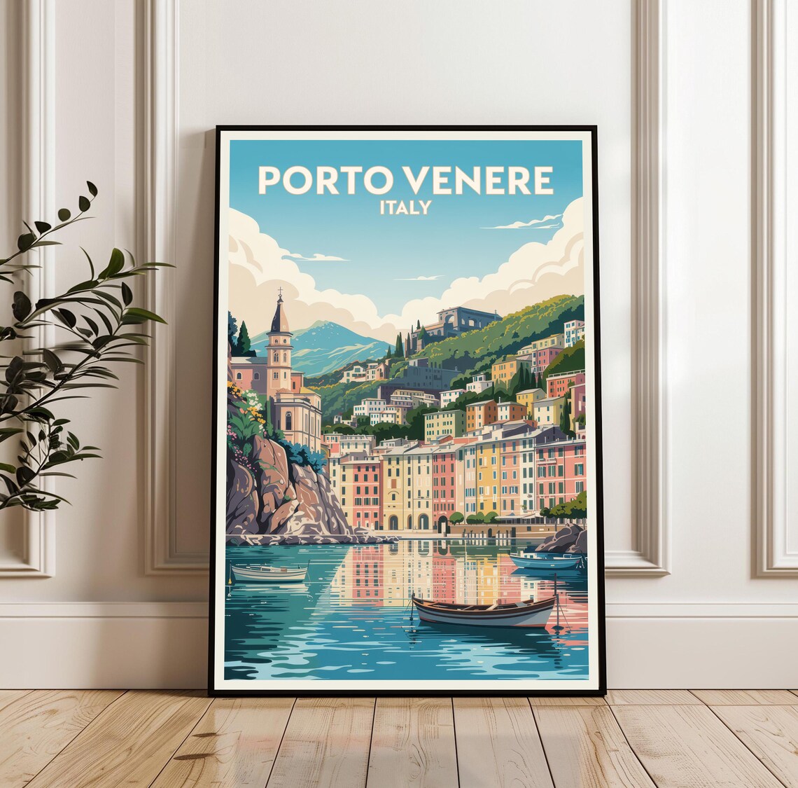 Porto Venere Italy Vintage Travel Poster Harbor Boats Cliff View