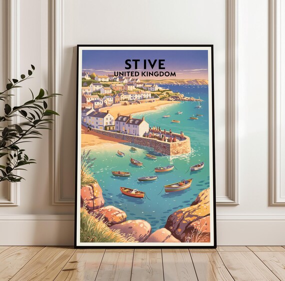 St Ive United Kingdom Harbor Travel Poster with Colorful Fishing Boats
