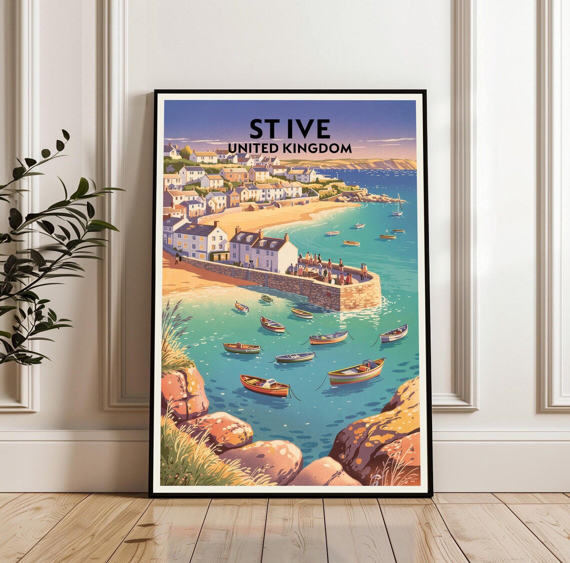 St Ive United Kingdom Harbor Travel Poster with Colorful Fishing Boats
