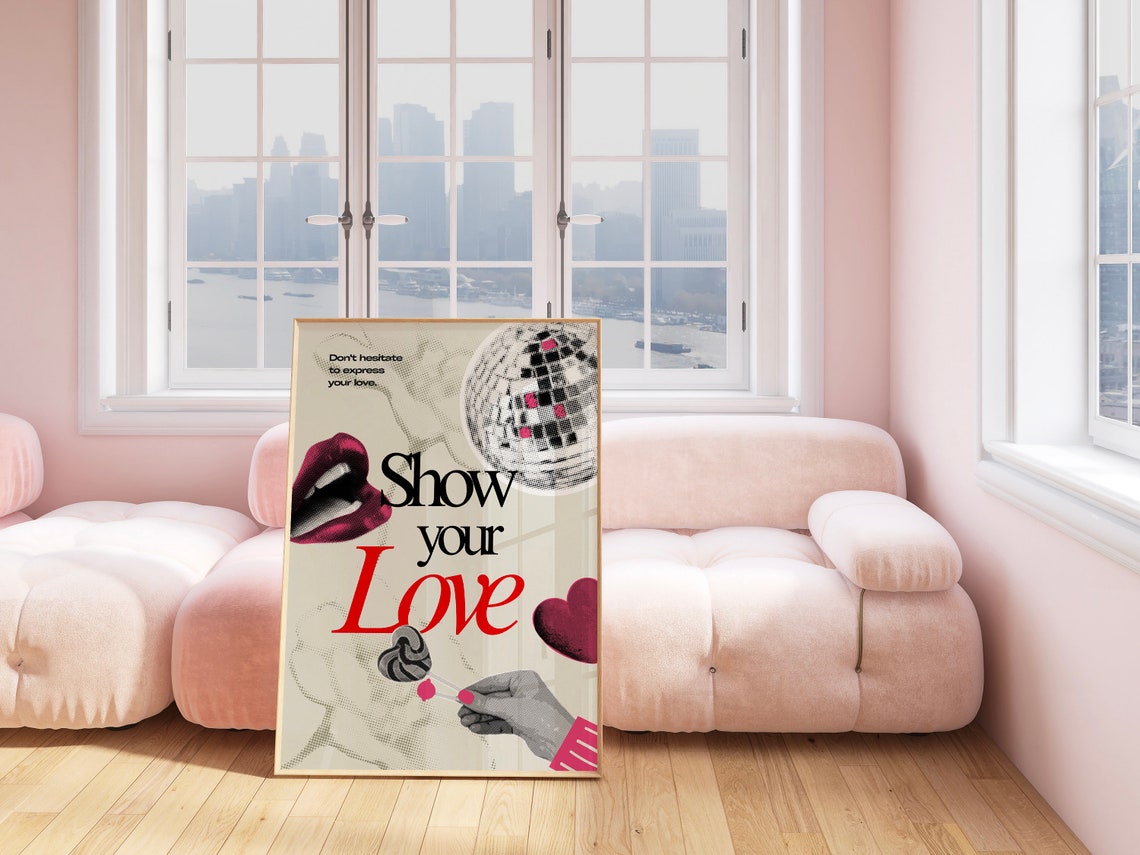 Show Your Love Retro Collage Disco Ball Heart Romantic Poster - Image 3