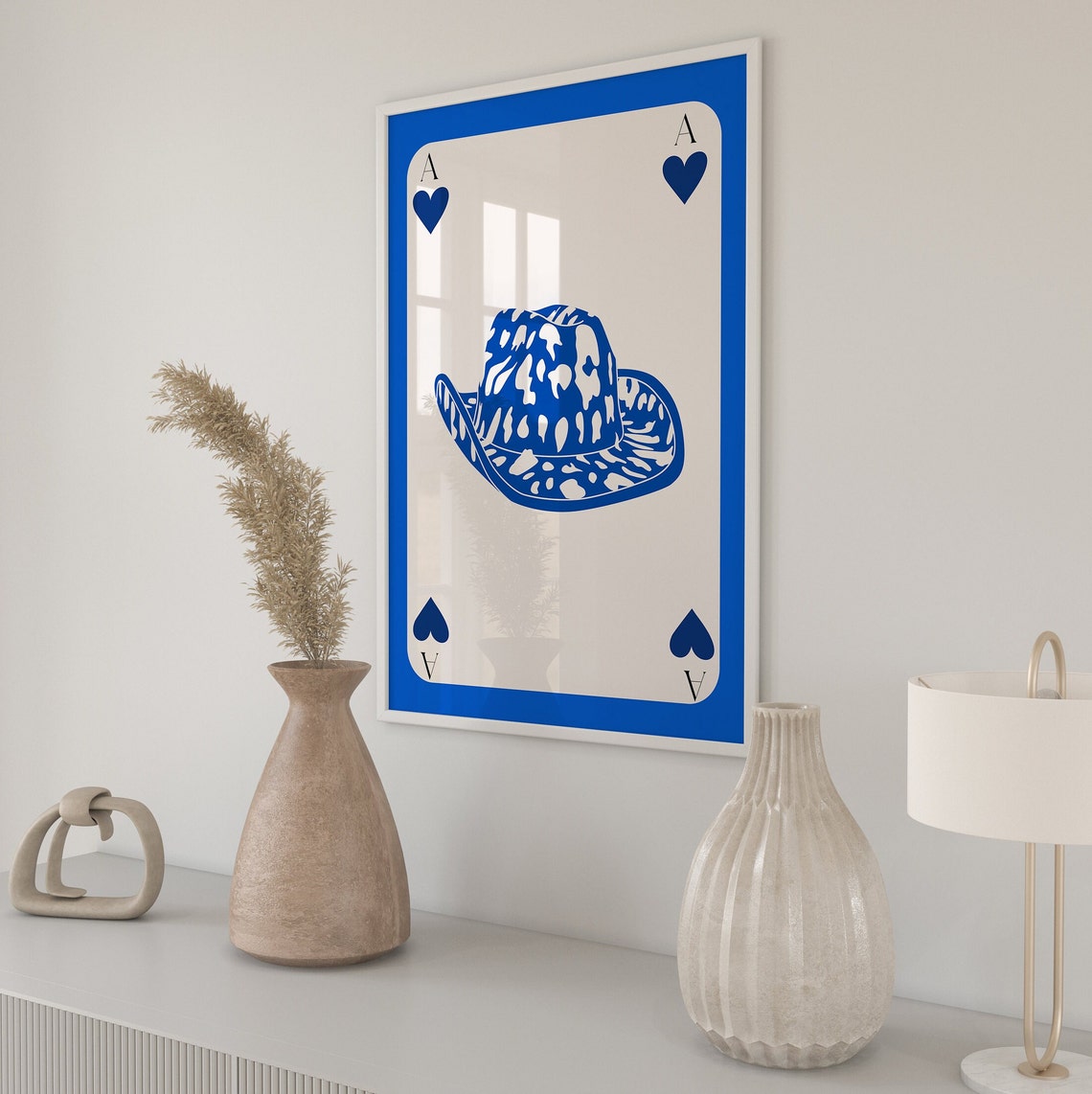 Blue Ace Of Hearts Western Cowboy Hat Retro Playing Card Poster