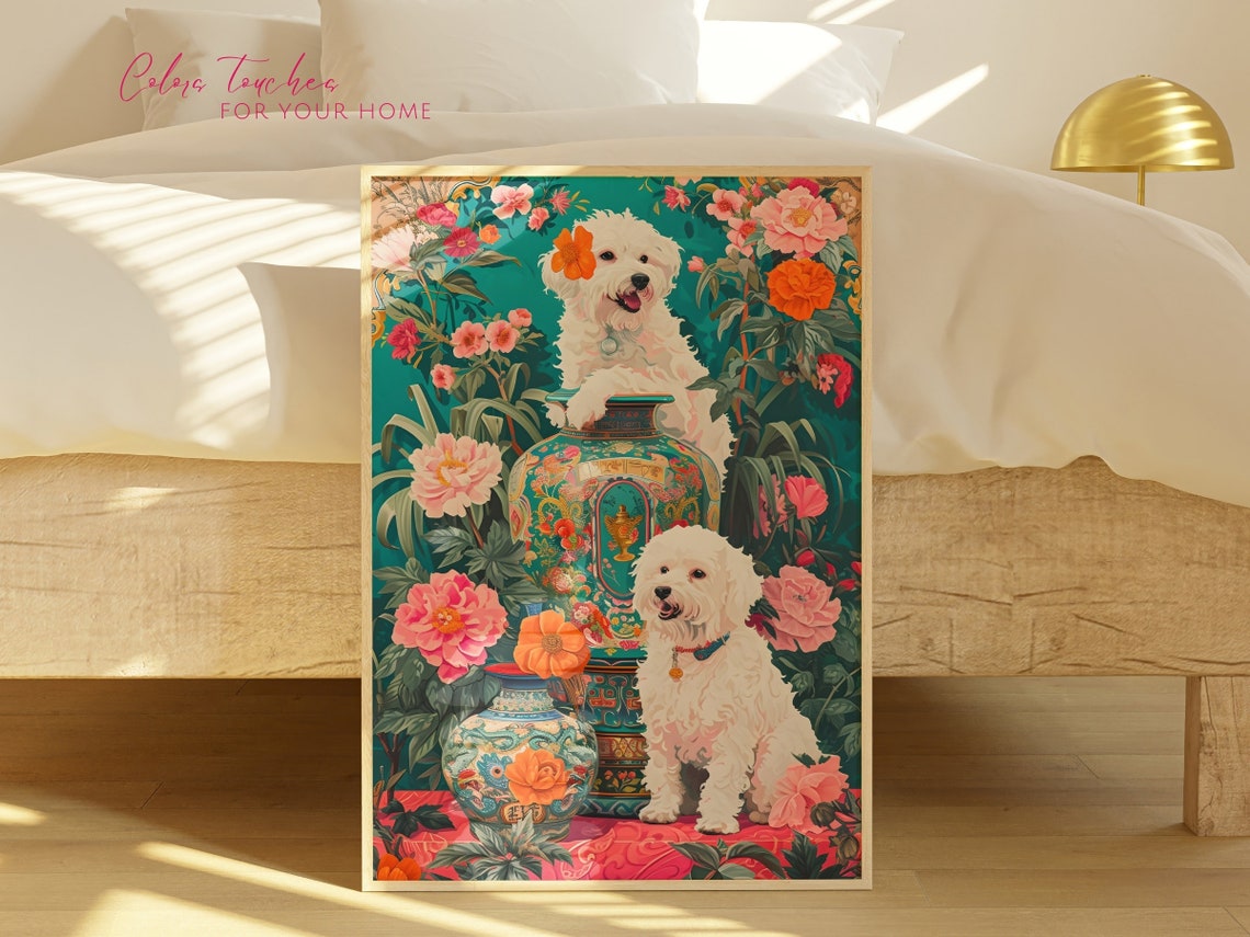 White Dogs Porcelain Vase Peonies Maximalist Pet Portrait Poster - Image 2