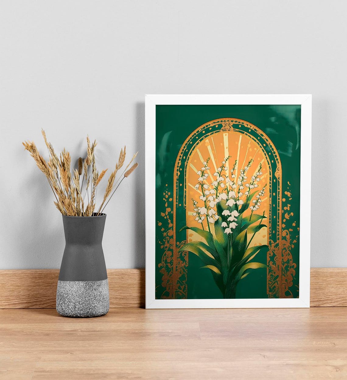 Lily Of The Valley Emerald Green Gold Sunburst Botanical Art Poster - Image 3