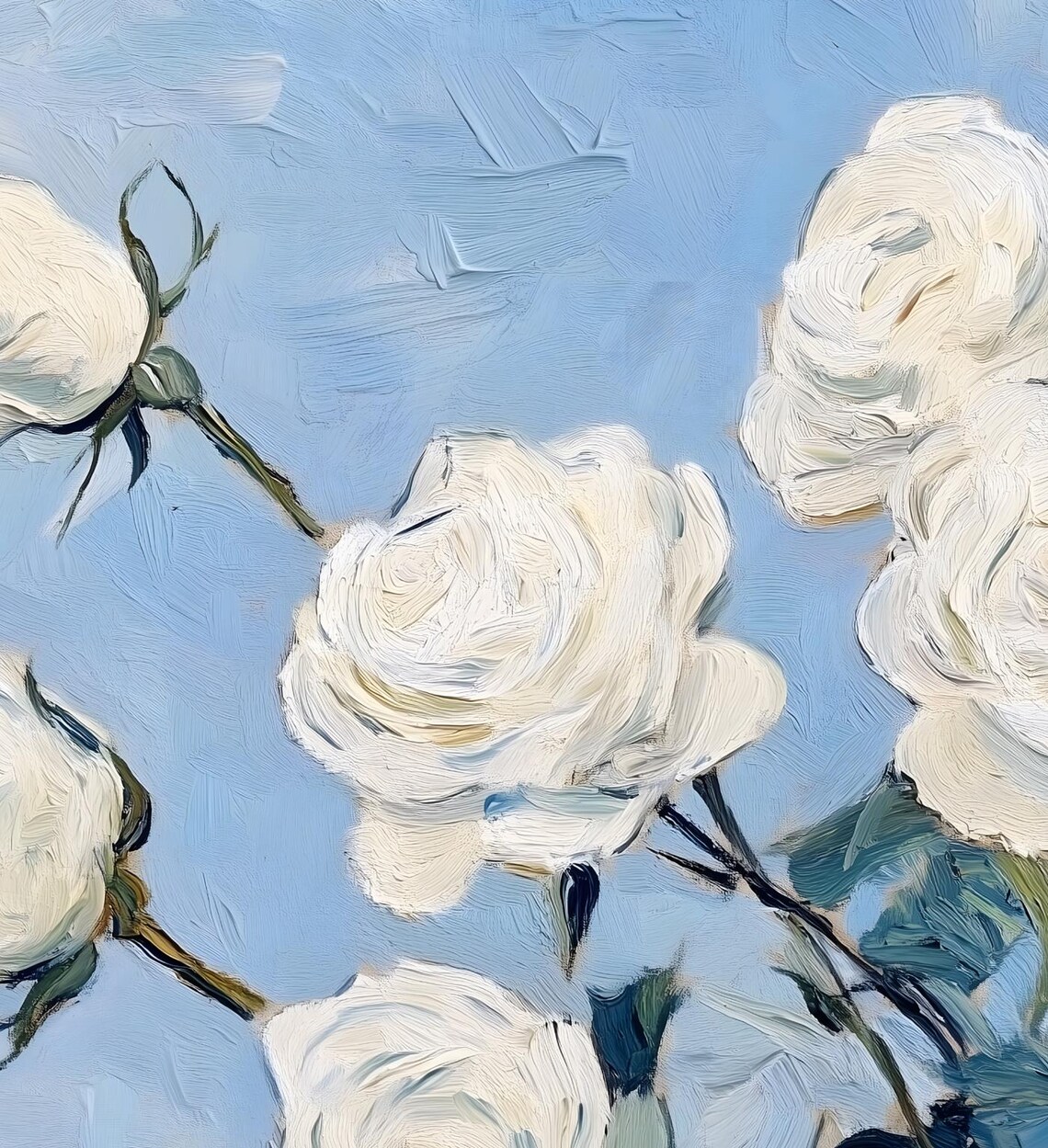 White Roses On Blue Sky Branch Textured Floral Oil Painting Art Poster - Image 6
