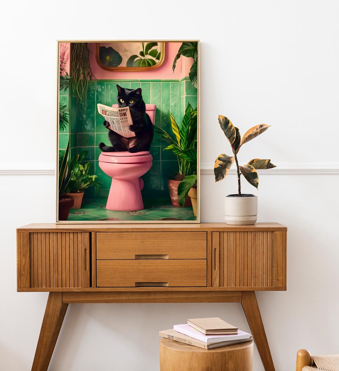Funny Black Cat Reading Newspaper On Pink Toilet Bathroom Wall Art Poster - Image 7