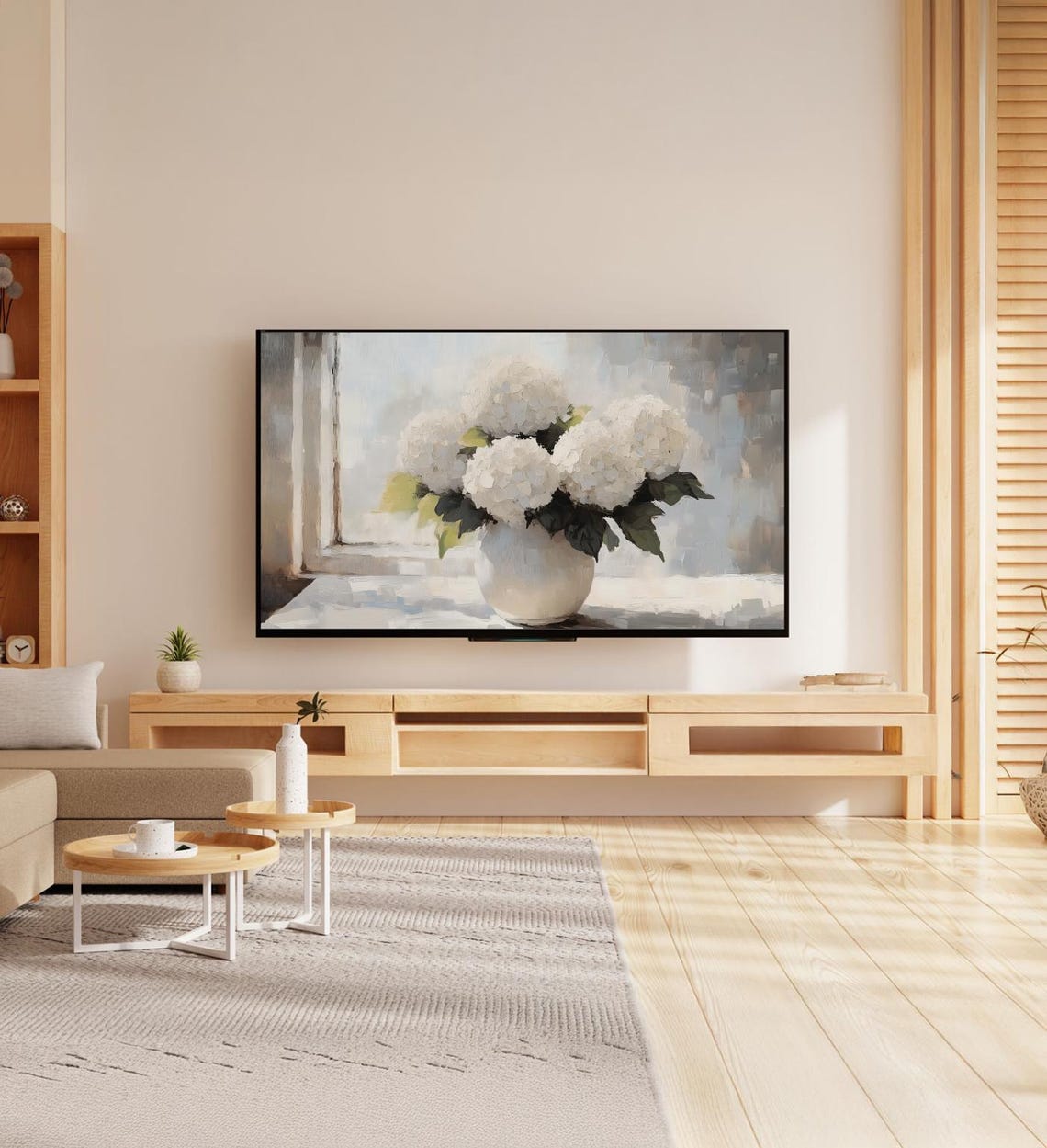 White Hydrangeas Vase Window Light Neutral Still Life Painting Poster - Image 7