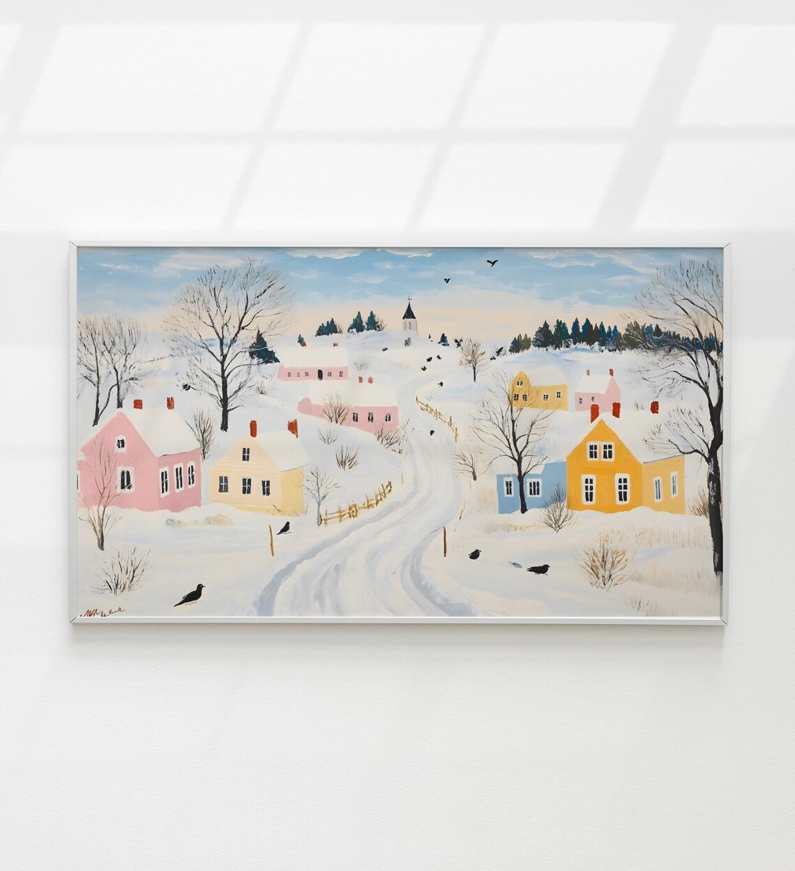 Snowy Village Winter Folk Art Naive Colorful Houses Church Art Poster
