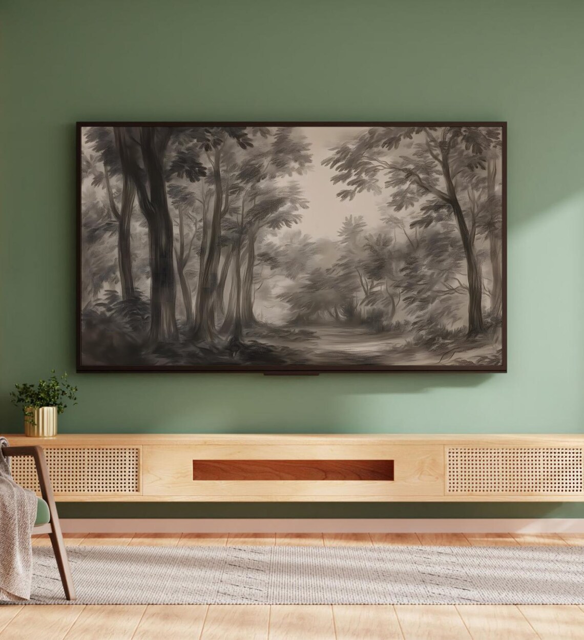 Dark Moody Forest Charcoal Sketch Antique Woodland Landscape Art Print - Image 5