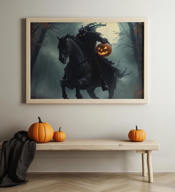 Headless Horseman With Jack O Lantern Dark Forest Halloween Art Print