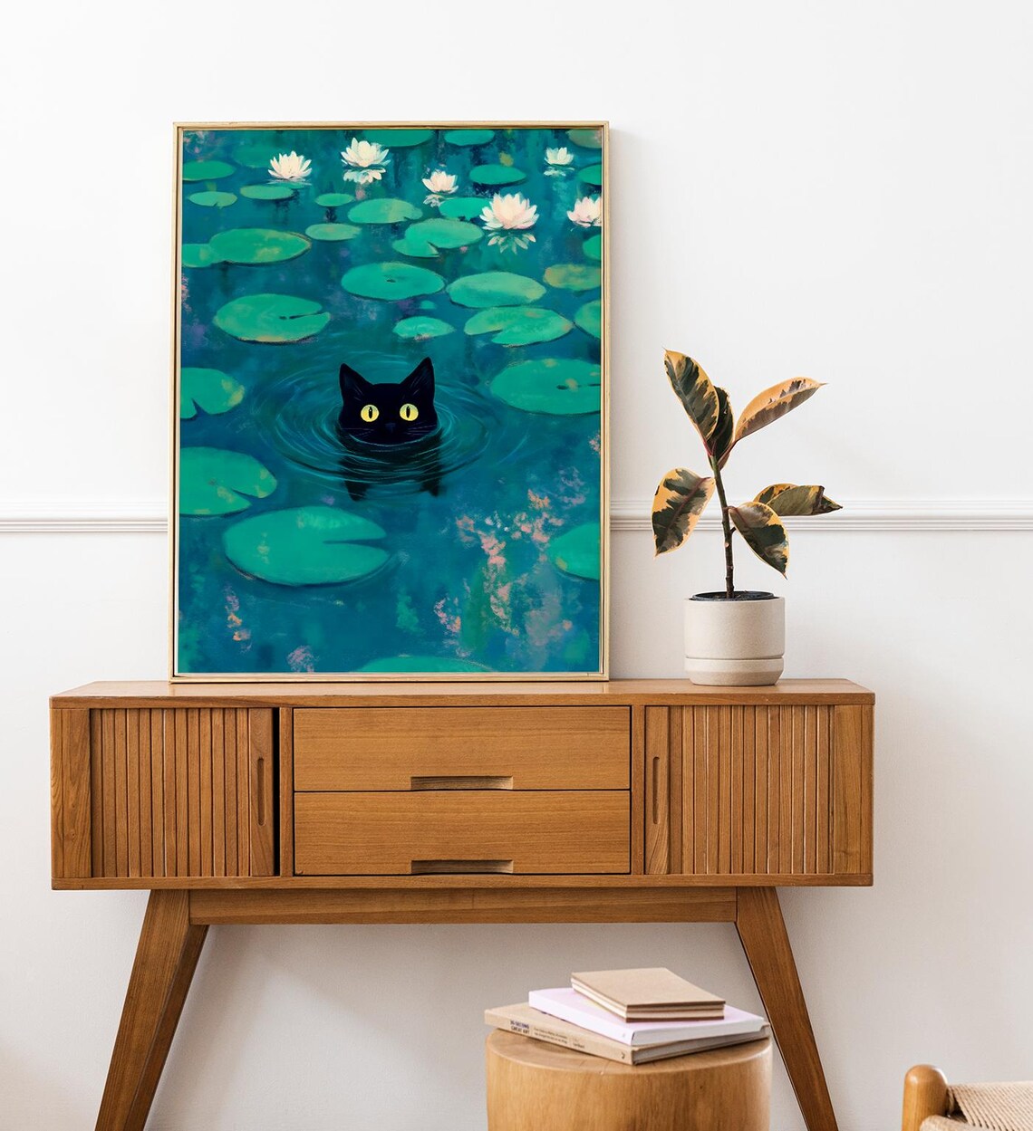 Monet Water Lily Pond Black Cat Peeking Out Funny Cat Art Print Poster - Image 7