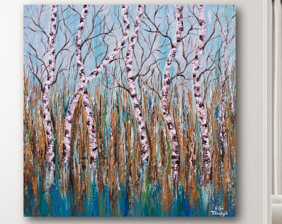 Birch Tree Forest Painting On Blue Brown Gold Palette Knife Art Original Large Landscape Artwork