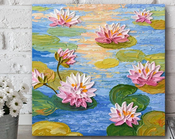 Water Lilies Pond Print Of Impressionist Floral Sunset Painting Monet Inspired Wall Art Dcor