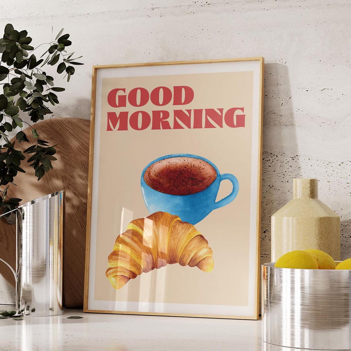Good Morning Coffee Croissant Watercolor Kitchen Wall Poster