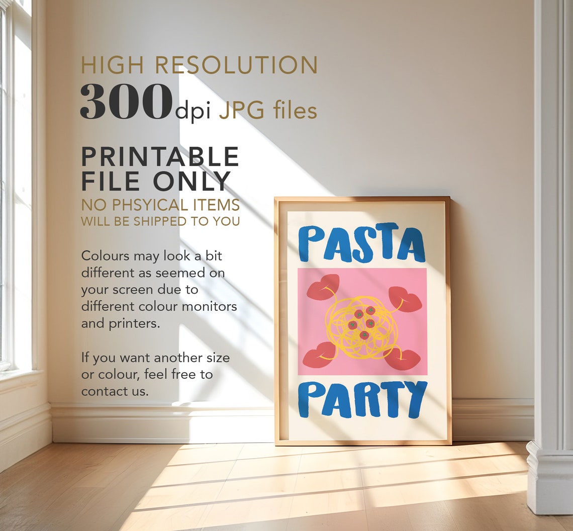 Fun Pasta Party Retro Kitchen Blue Pink Spaghetti Dinner Poster - Image 3