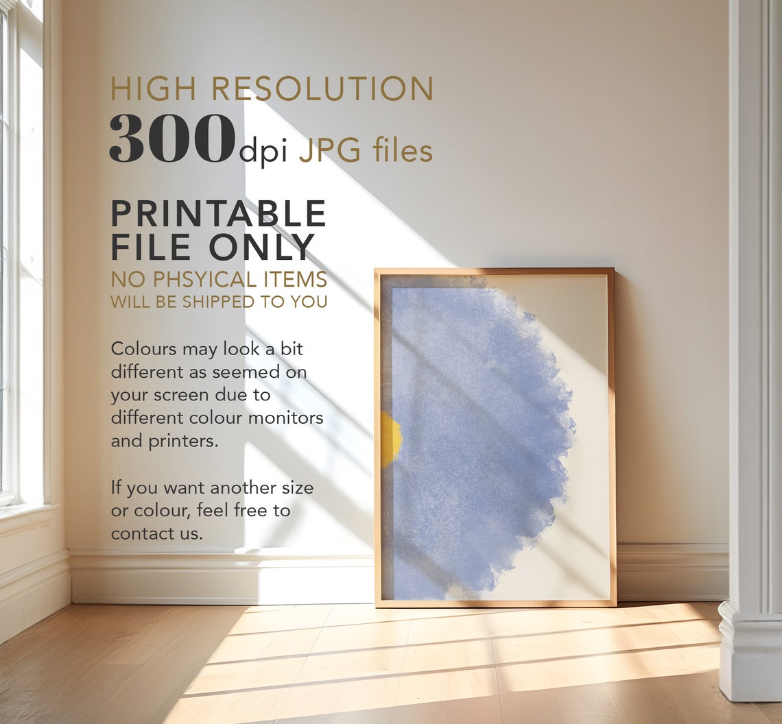 Blue Watercolor Abstract Yellow Sun Minimalist Modern Calm Art Poster - Image 3
