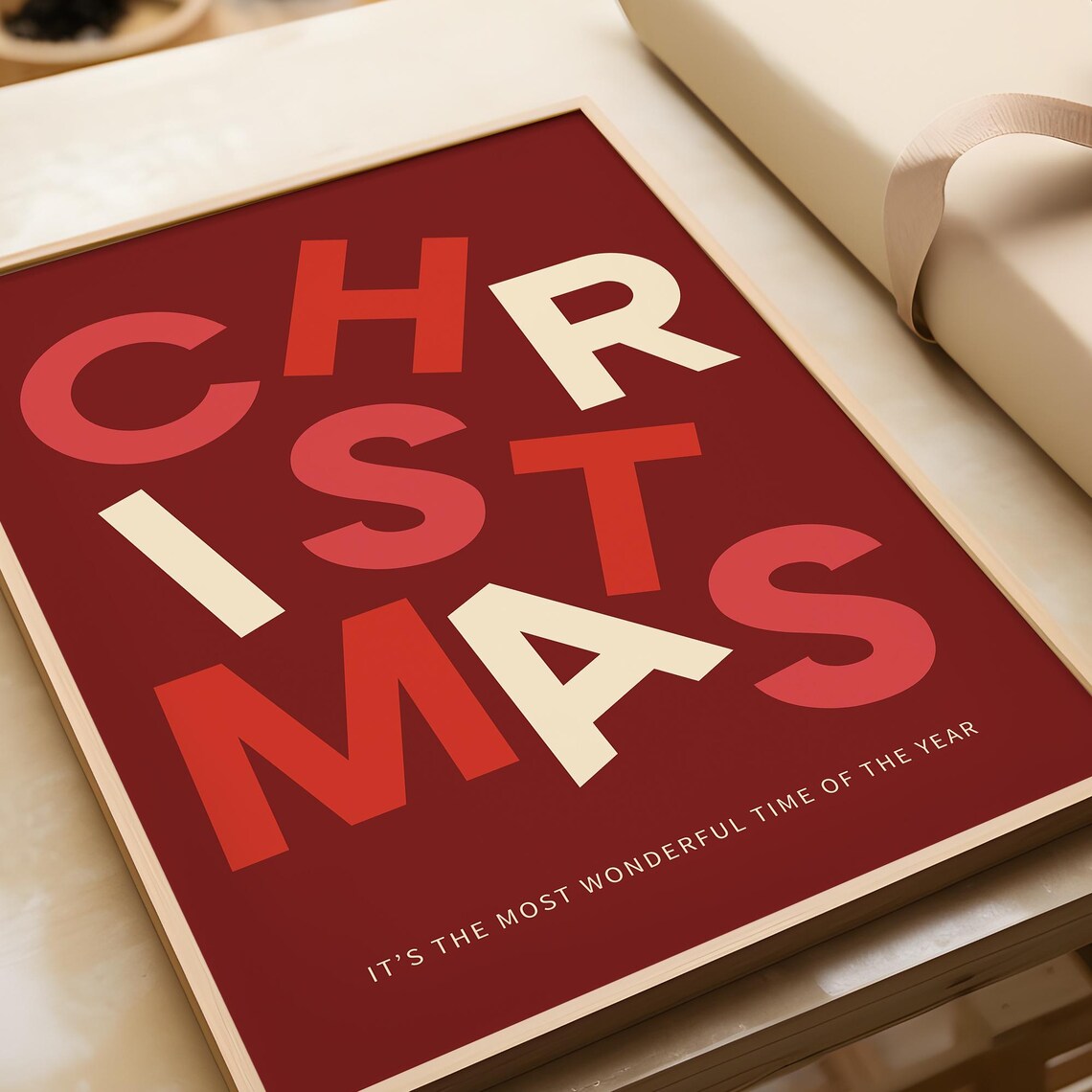 Christmas Scattered Letters Burgundy Red Modern Holiday Word Art Poster - Image 3