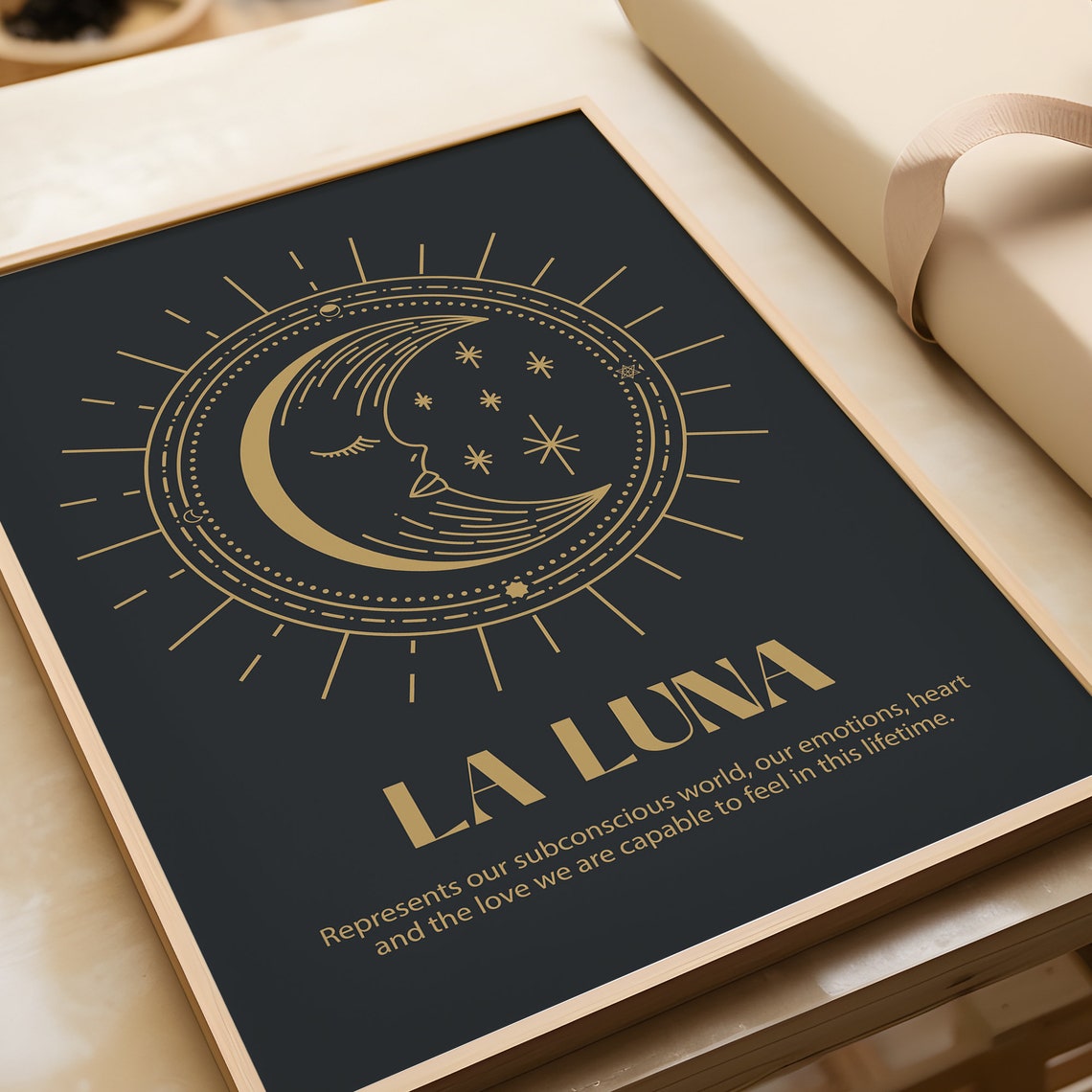 La Luna Gold Crescent Moon Face Celestial Spiritual Black Poster - Image 2