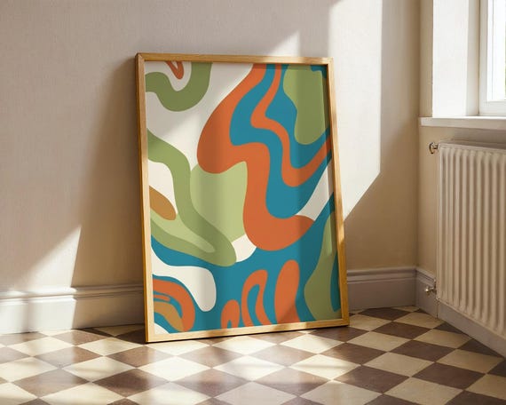 Retro Wavy Abstract Flow Art Print Mid Century Terracotta Teal Poster Colorful Sage Green Wall Decor Trendy Aesthetic Dorm Gift Idea