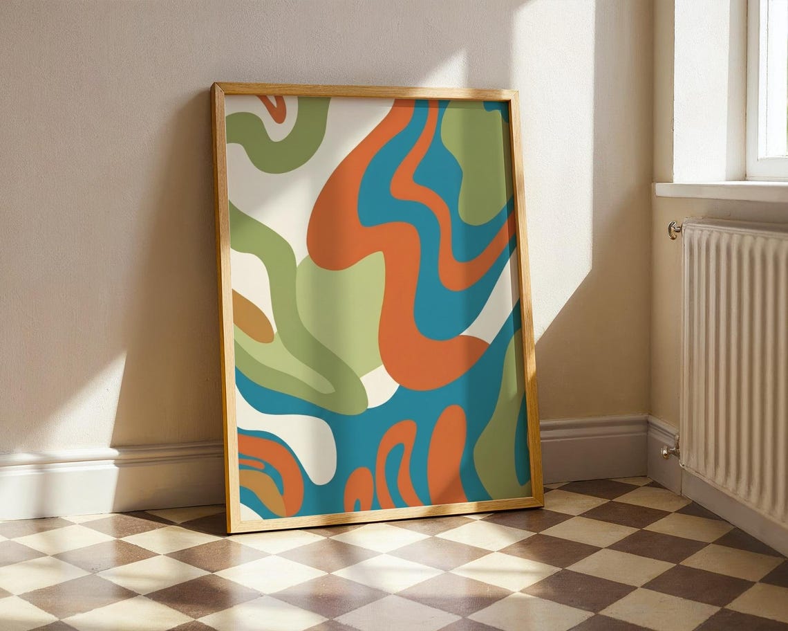 Retro 70s Organic Waves Orange Teal Groovy Abstract Art Poster