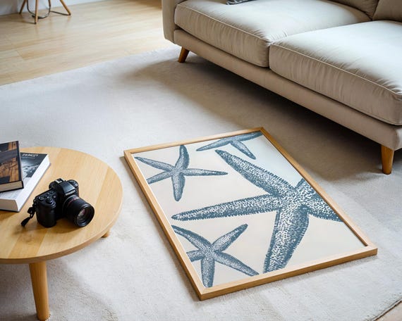 Coastal Starfish Art Print Blue Ocean Linocut Poster Minimalist Sea Life Wall Decor Beach House Gift Nautical Aesthetic Interior