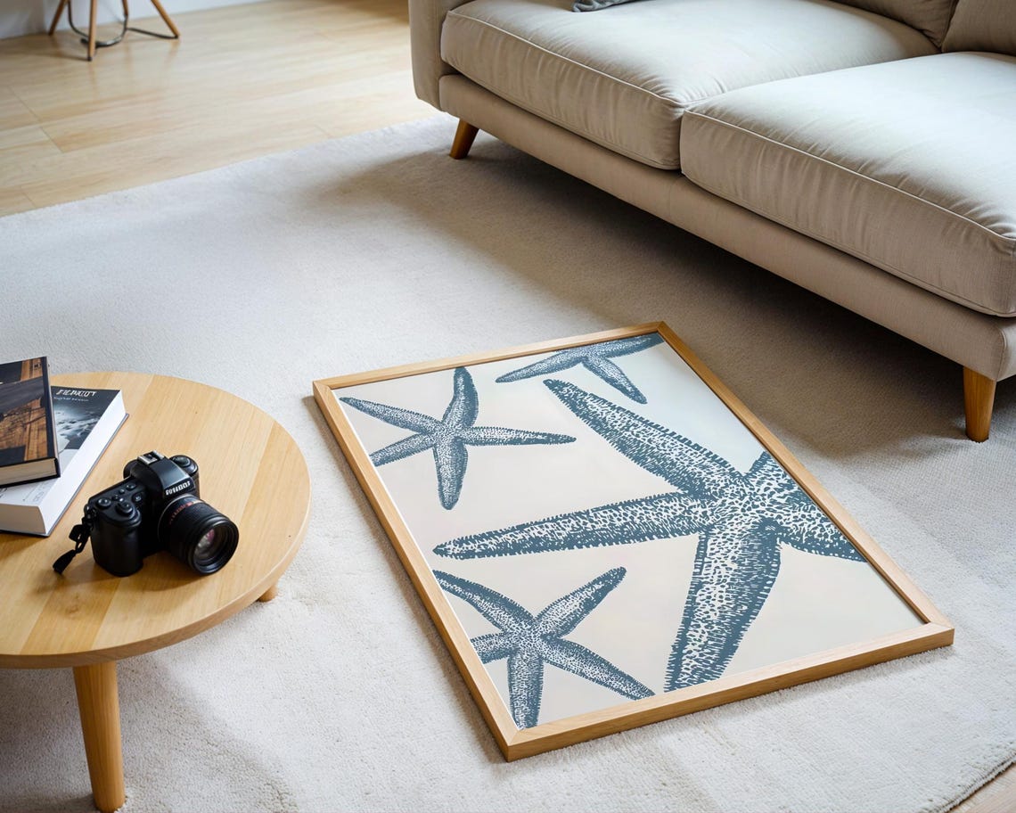 Blue Starfish Pattern Minimalist Coastal Ocean Sea Life Wall Art Decor