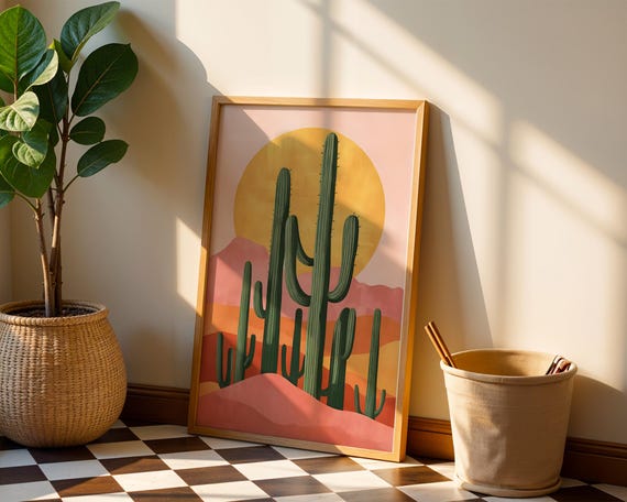 Boho Saguaro Cactus Art Print Pastel Pink Desert Sunset Poster Vibrant Yellow Sun Mountain Wall Decor Warm Earthy Room Gift