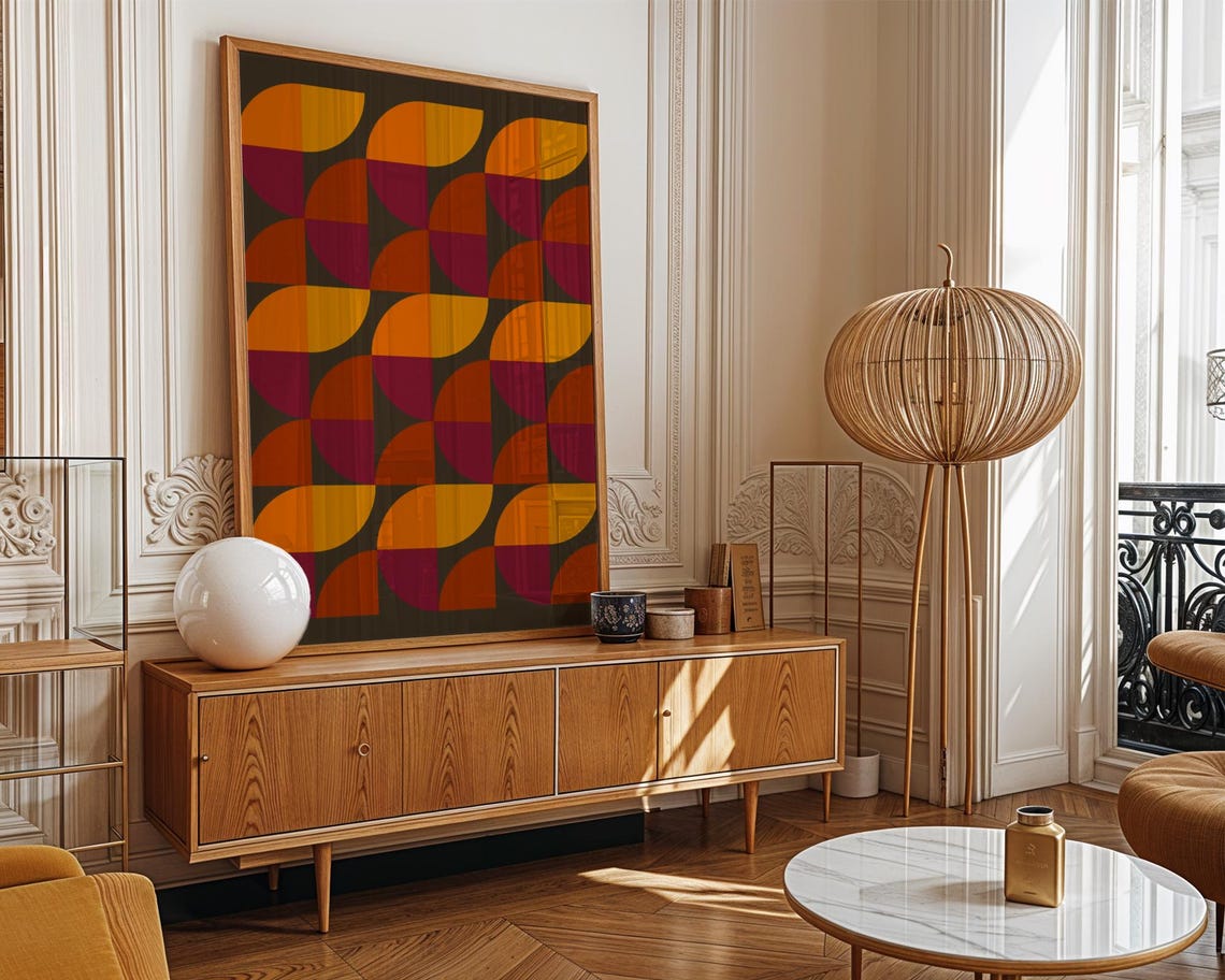 Retro 70s Geometric Half Circle Pattern Orange Gold Abstract Poster