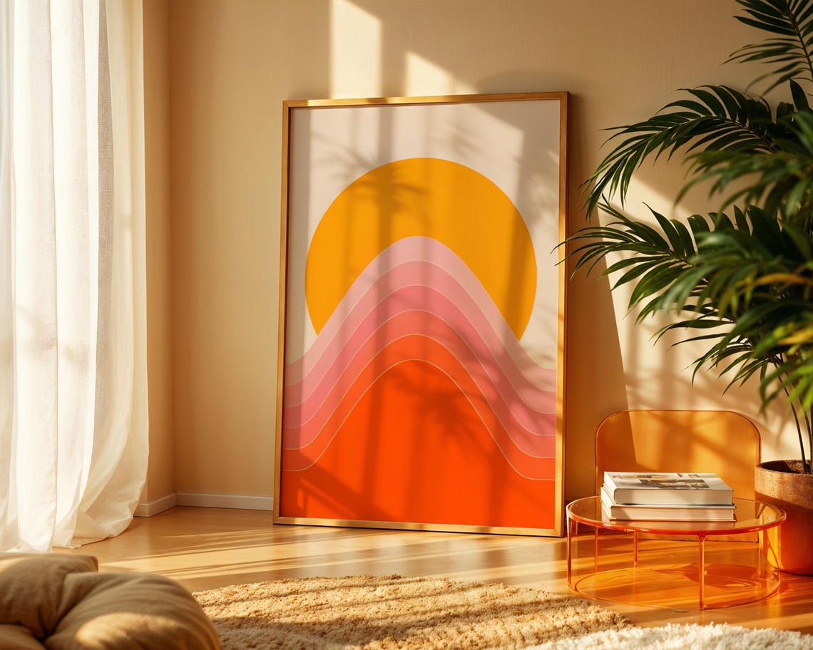 Warm Retro 70s Sunset Golden Sun Layered Waves Minimalist Poster