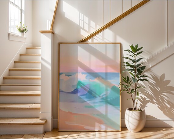Pastel Ocean Waves Retro Beach Graphic Soft Coastal Wall Poster