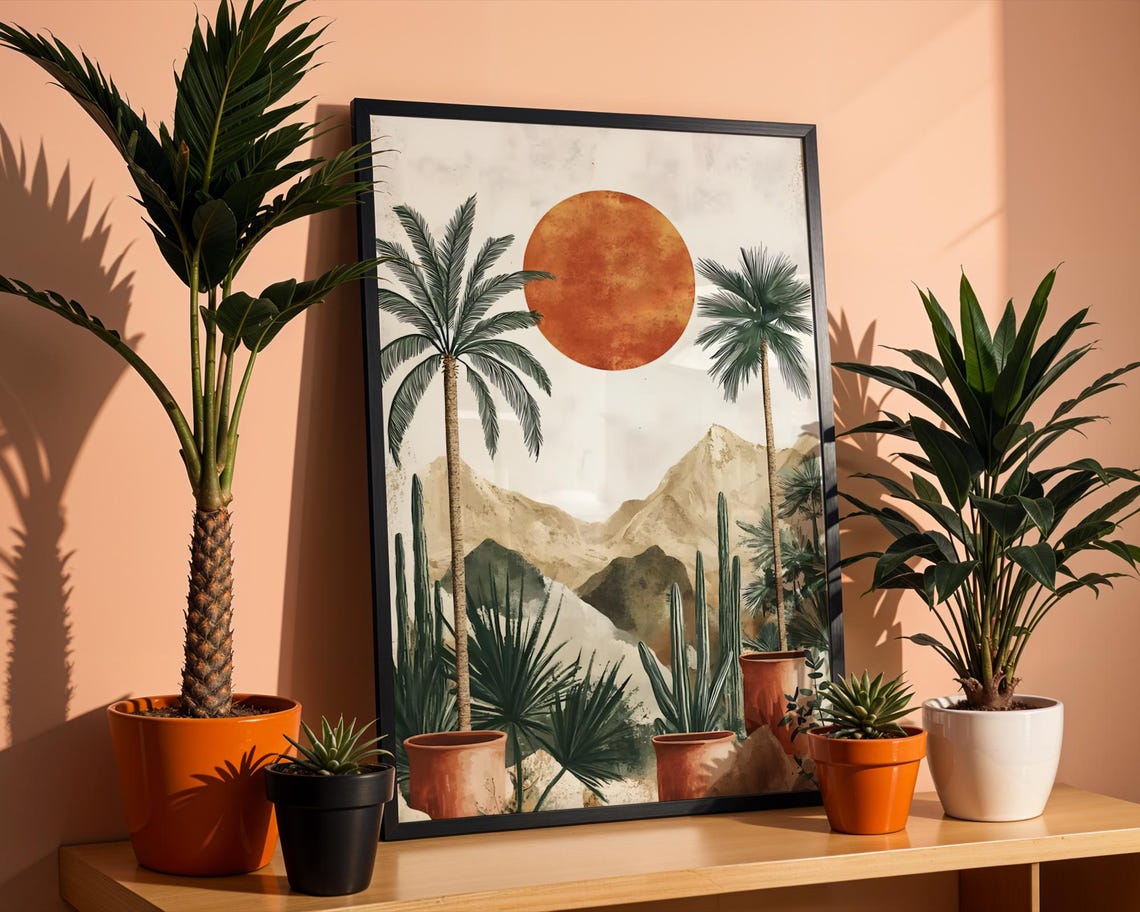 Boho Desert Landscape Art Print Terracotta Sun Cactus Graphic Poster Vintage Palm Tree Mountain Wall Decor Warm Earthy Room Gift Idea
