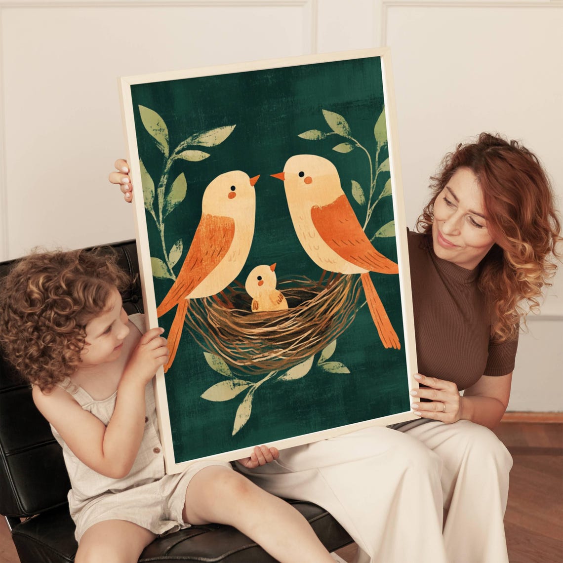 Two Birds With Chick In Nest Green Botanical Nursery Art Poster - Image 4