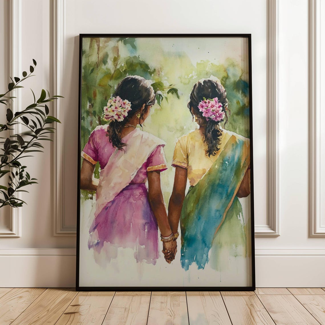 South Indian Best Friends Art Sister Wall Art Tamil Girls Watercolor Painting Desi Painting South Asian Women Print Indian Home Decor Gift - Image 4