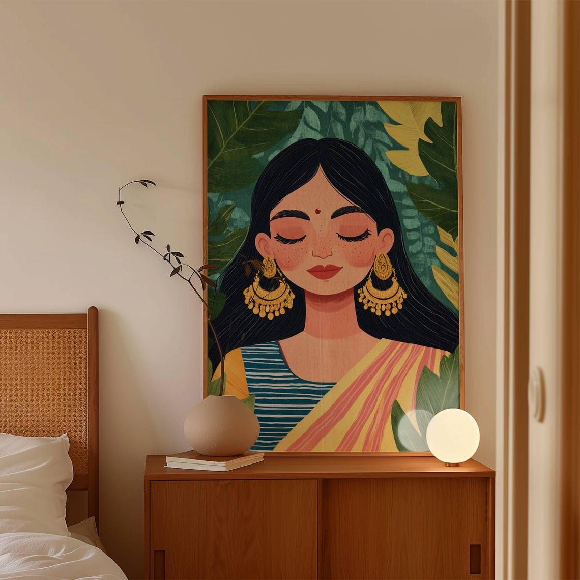 Indian Girl South Asian Art Print Poster Punjabi Girl Print Indian Home Decor Contemporary Art Living Room Dark Green Wall Decor Stripe Girl