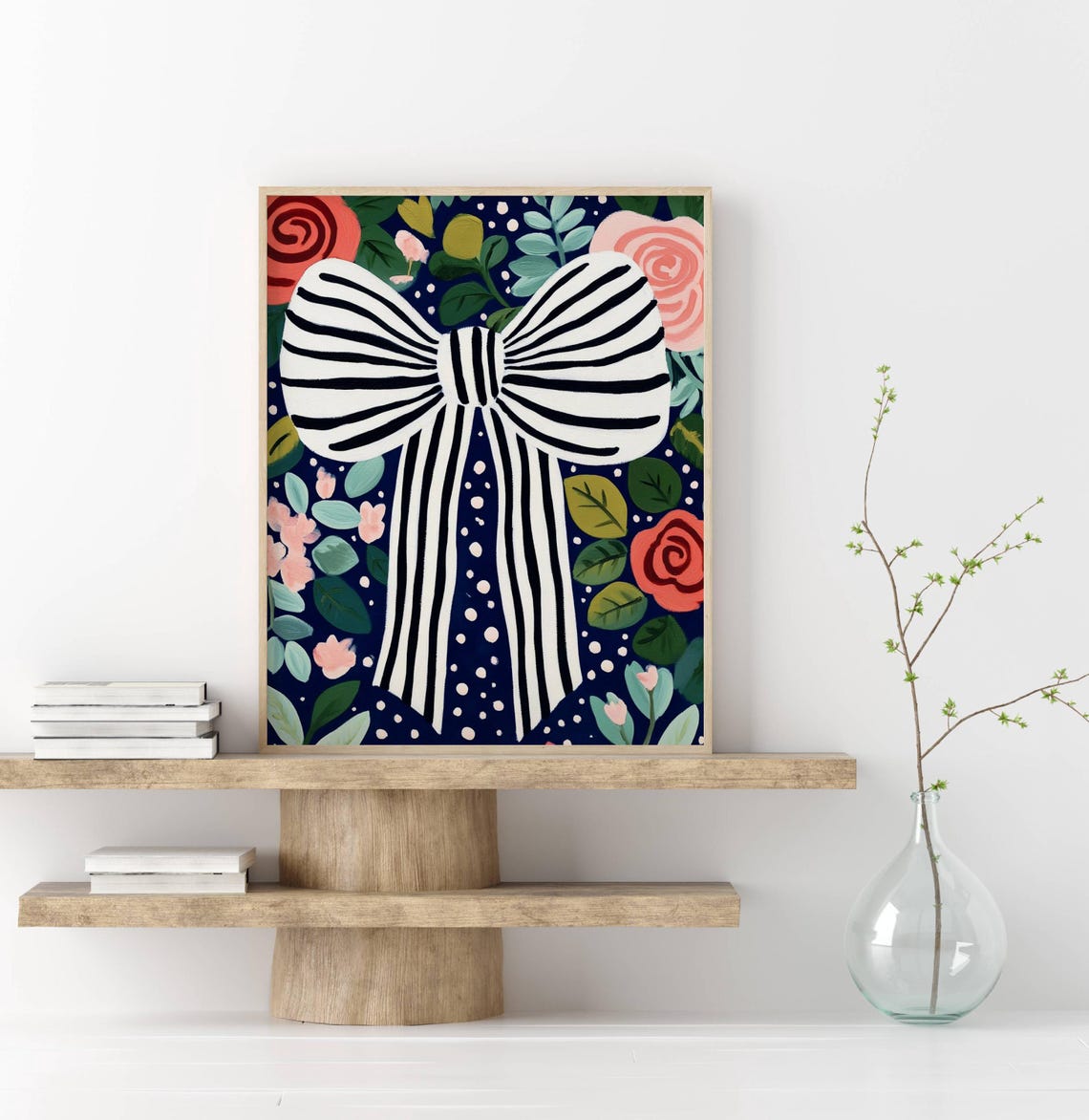 Black and White Striped Bow on Navy Floral Coquette Room Decor Poster - Image 2