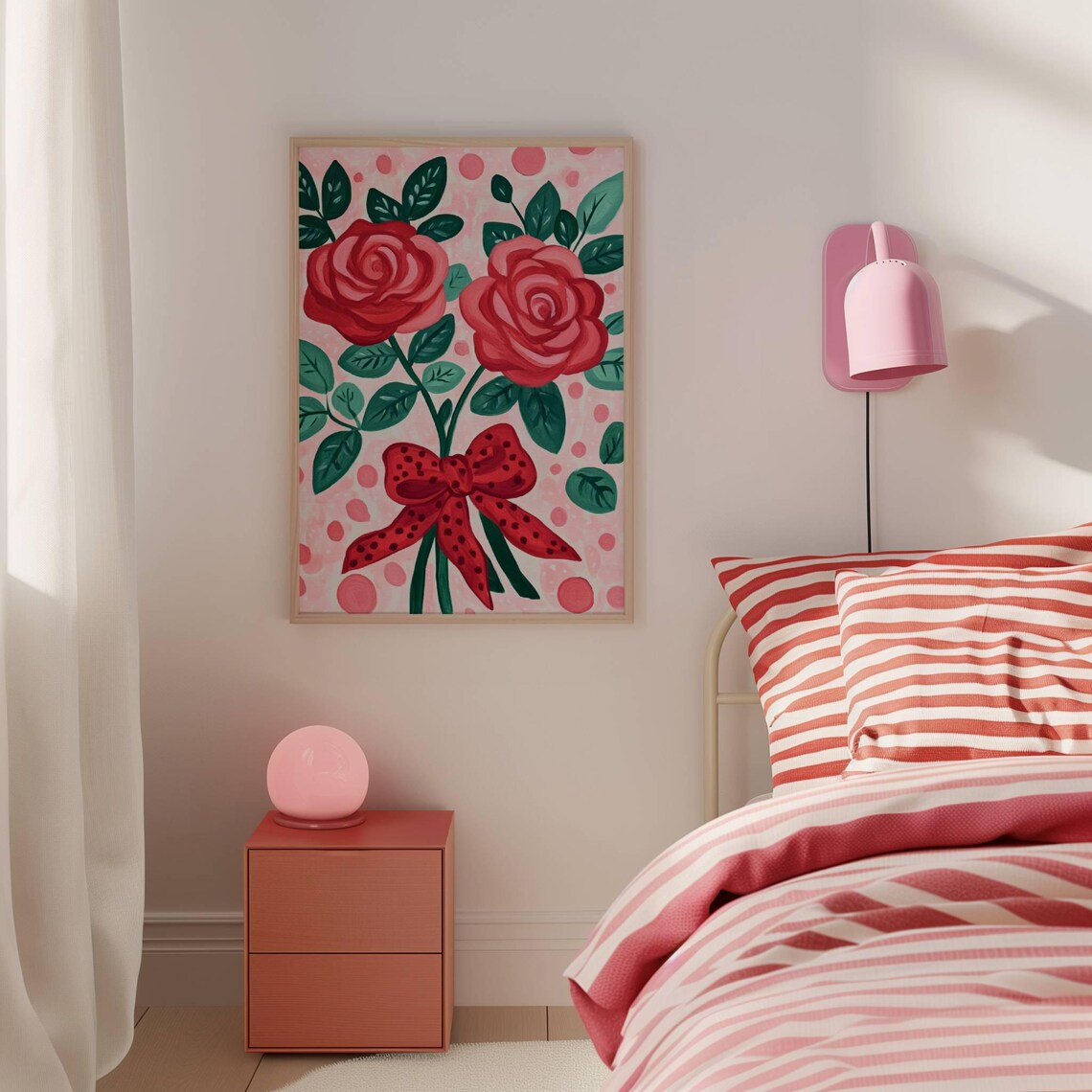 Red Roses Tied with Polka Dot Bow Coquette Girly Floral Art Poster - Image 3