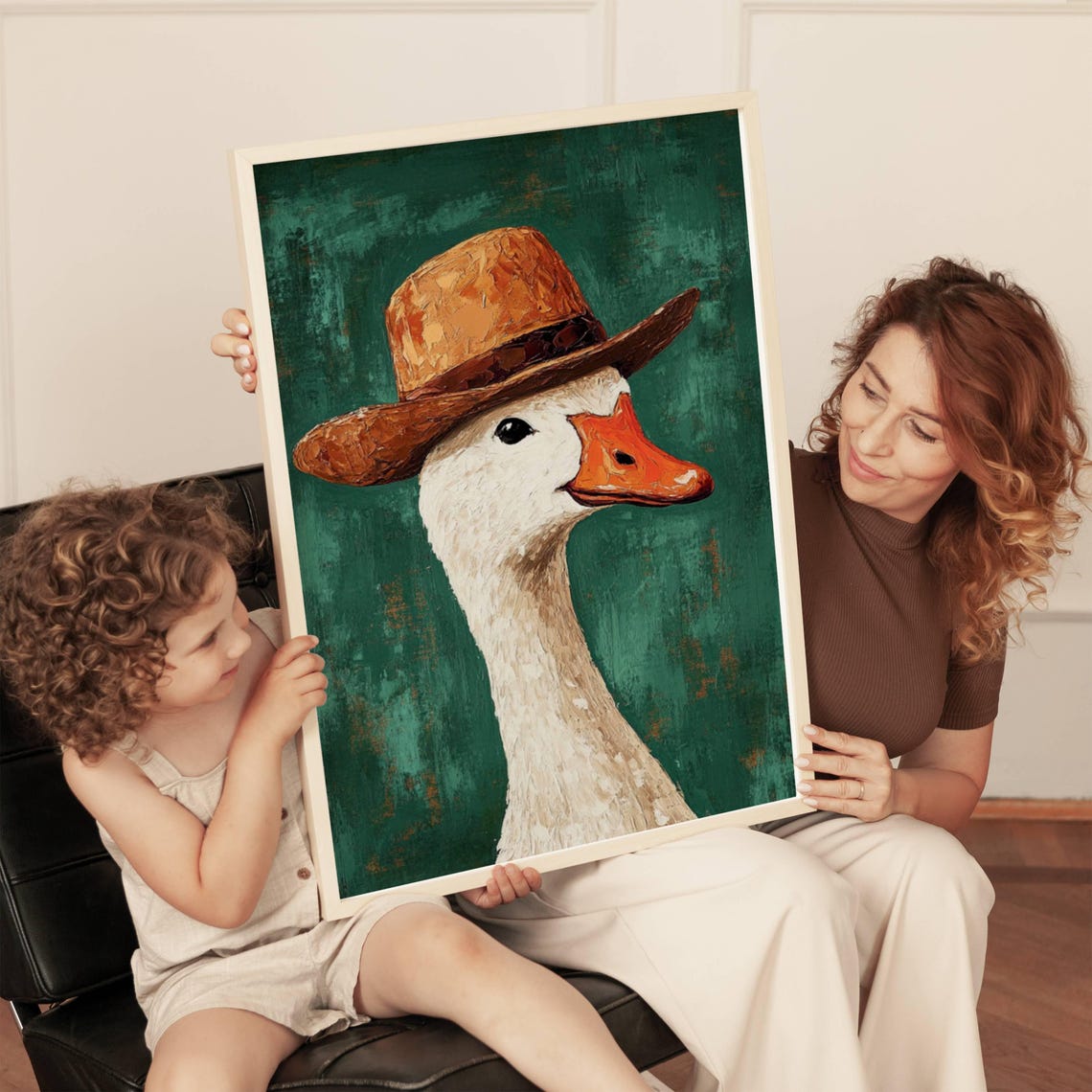 Goose Wearing Brown Hat Funny Portrait Green Background Poster - Image 3