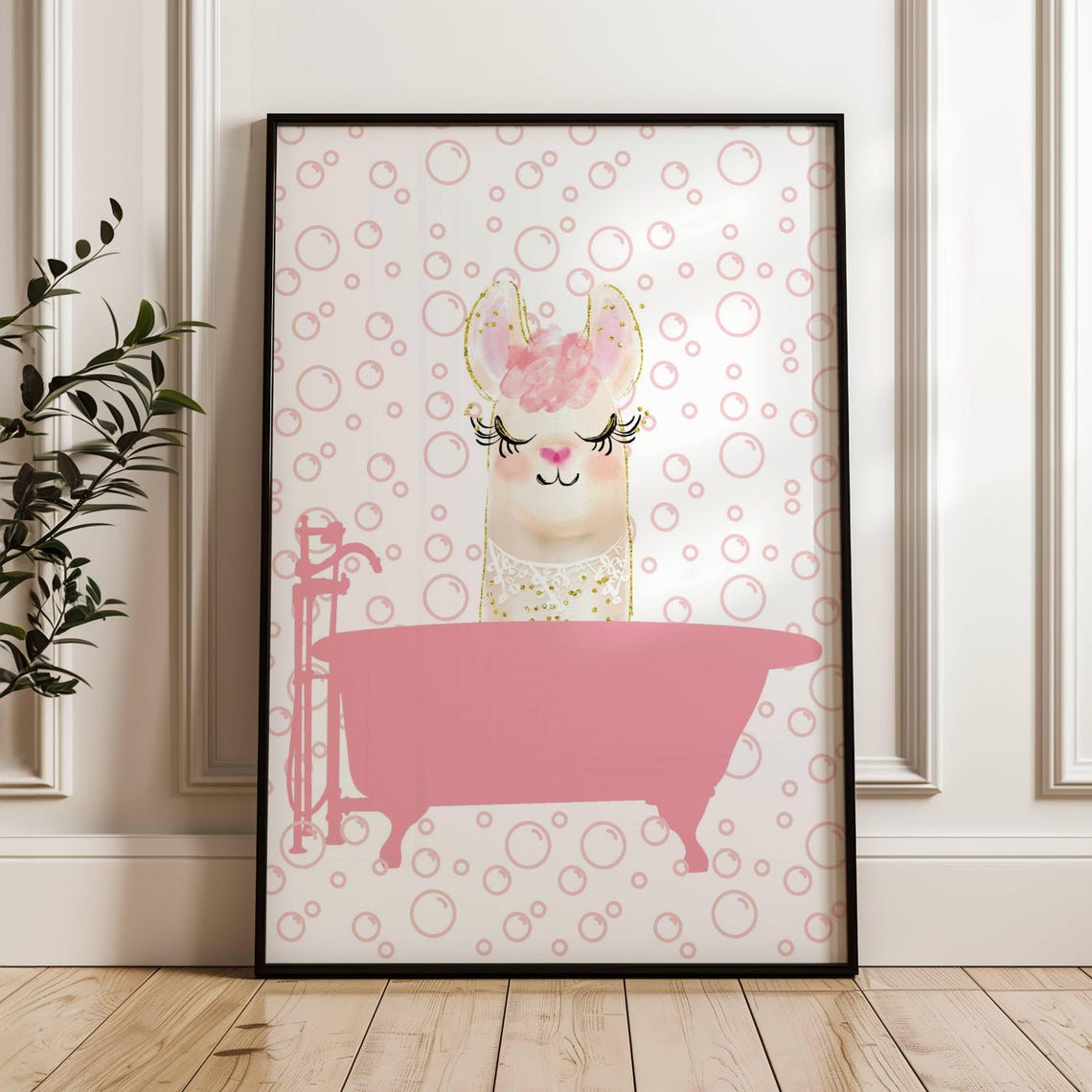 Pink Llama In Bathtub With Bubbles Glitter Watercolor Bathroom Poster