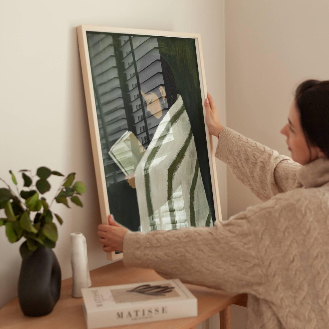 Girl Reading Book Wrapped In Striped Blanket Moody Green Art Poster - Image 3