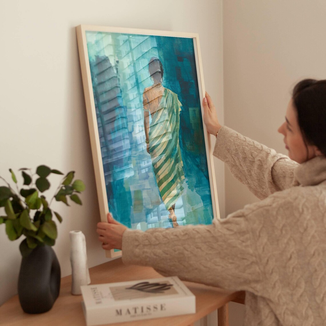 Indian Woman in Sari Teal Watercolor Figure Walking Away Poster - Image 2