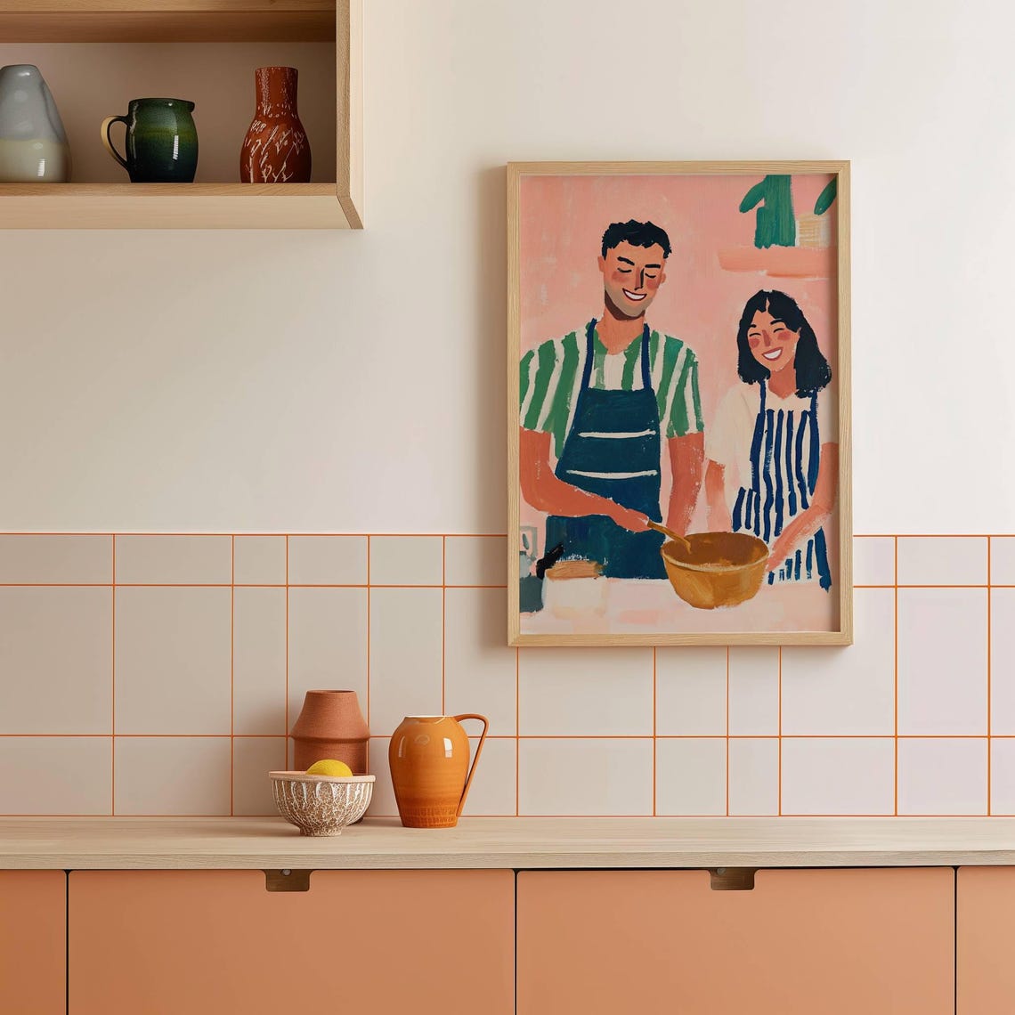 Happy Couple Cooking Together in Kitchen Wearing Aprons Art Poster - Image 2