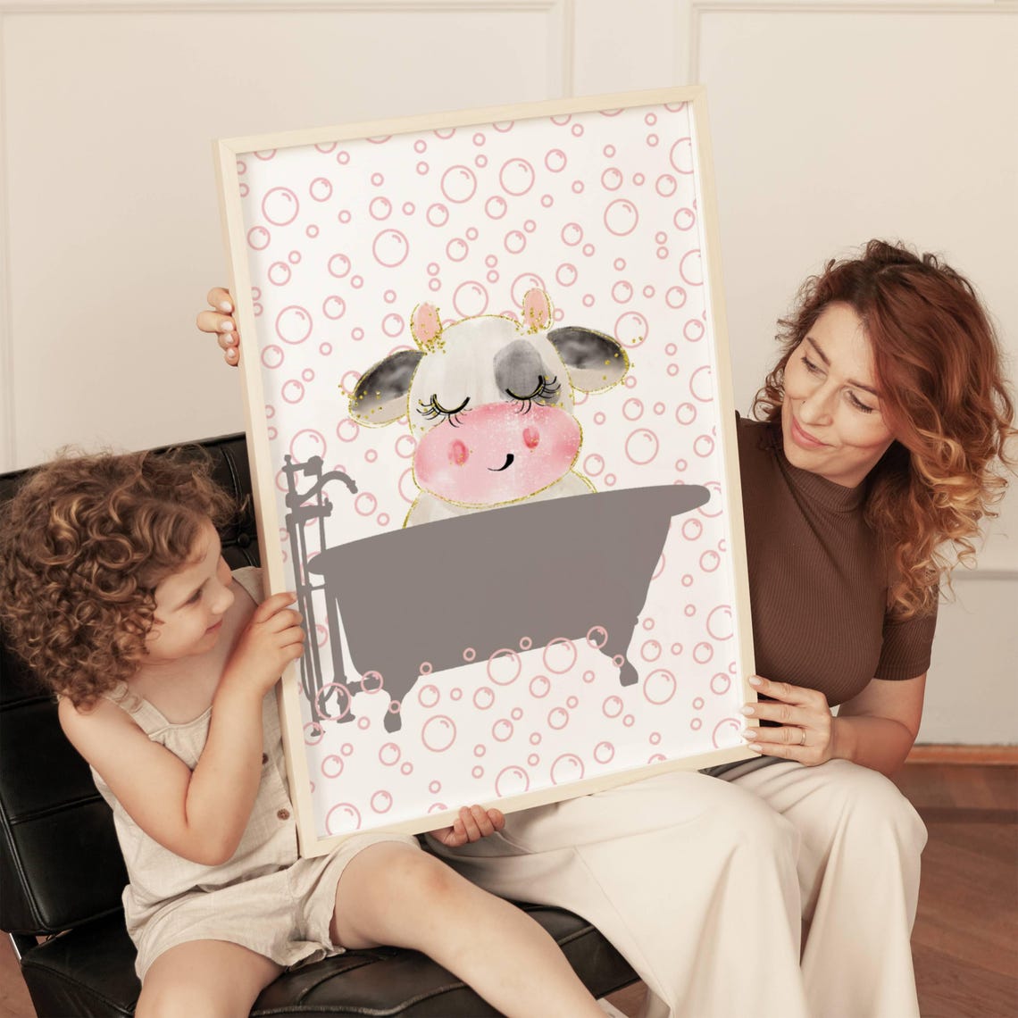 Cute Cow In Bathtub Pink Bubbles Watercolor Funny Bathroom Poster - Image 4