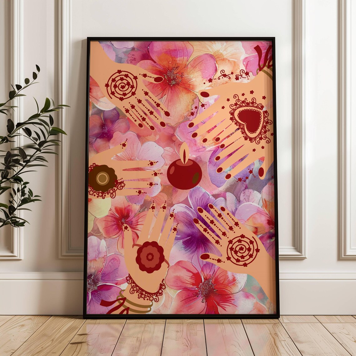 Mehndi Henna Hands Pink Floral Watercolor Indian Bridal Art Poster