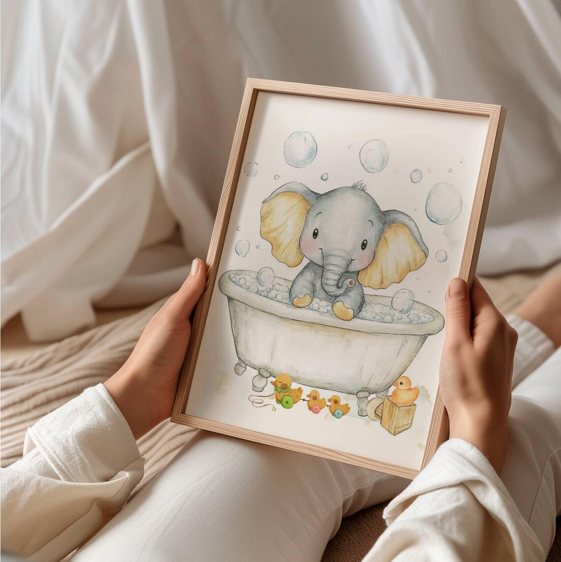 Cute Baby Elephant in Bubble Bath Tub Watercolor With Rubber Ducks Poster - Image 2