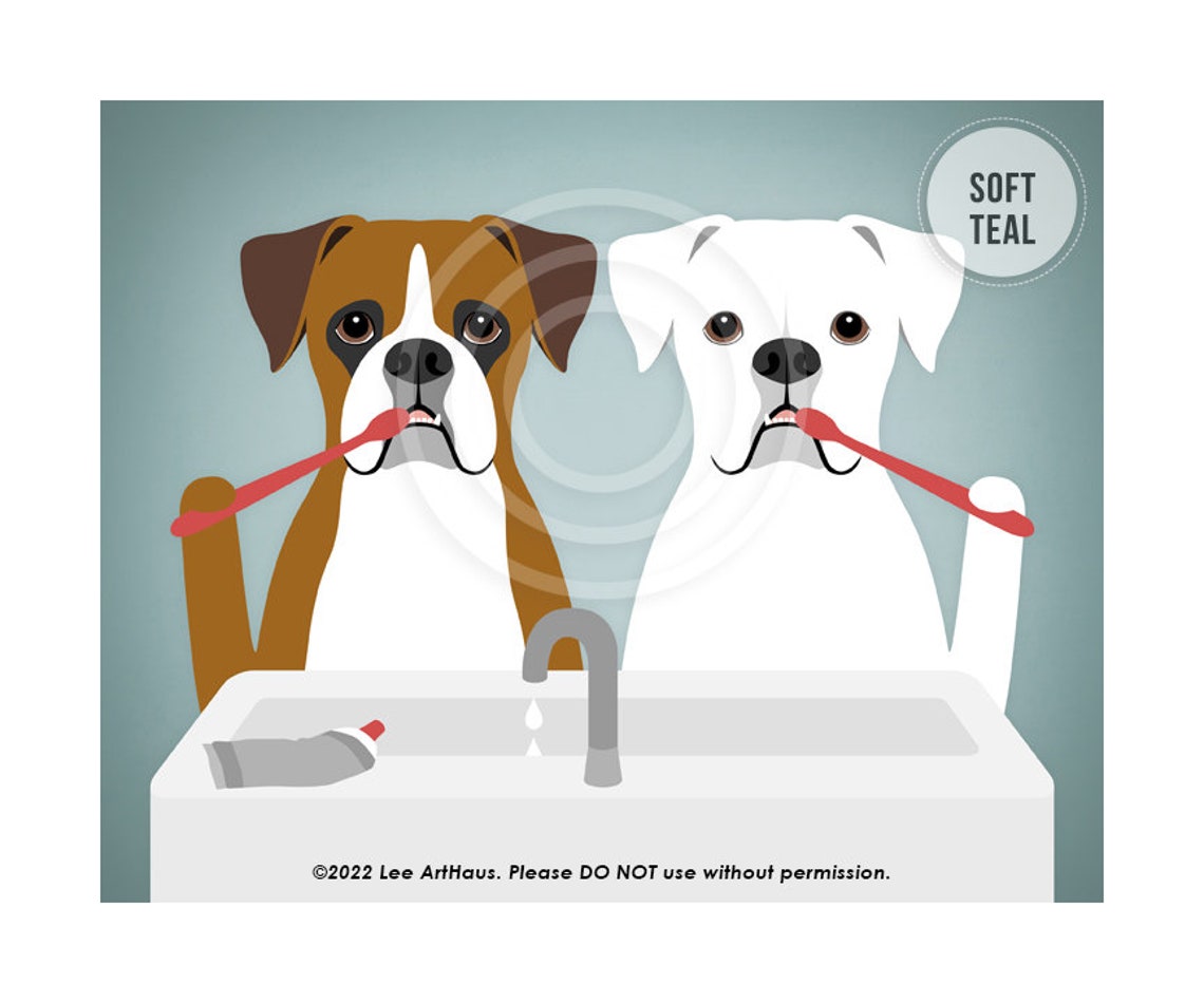 Two Boxer Dogs Brushing Teeth At Bathroom Sink Funny Dog Poster - Image 4