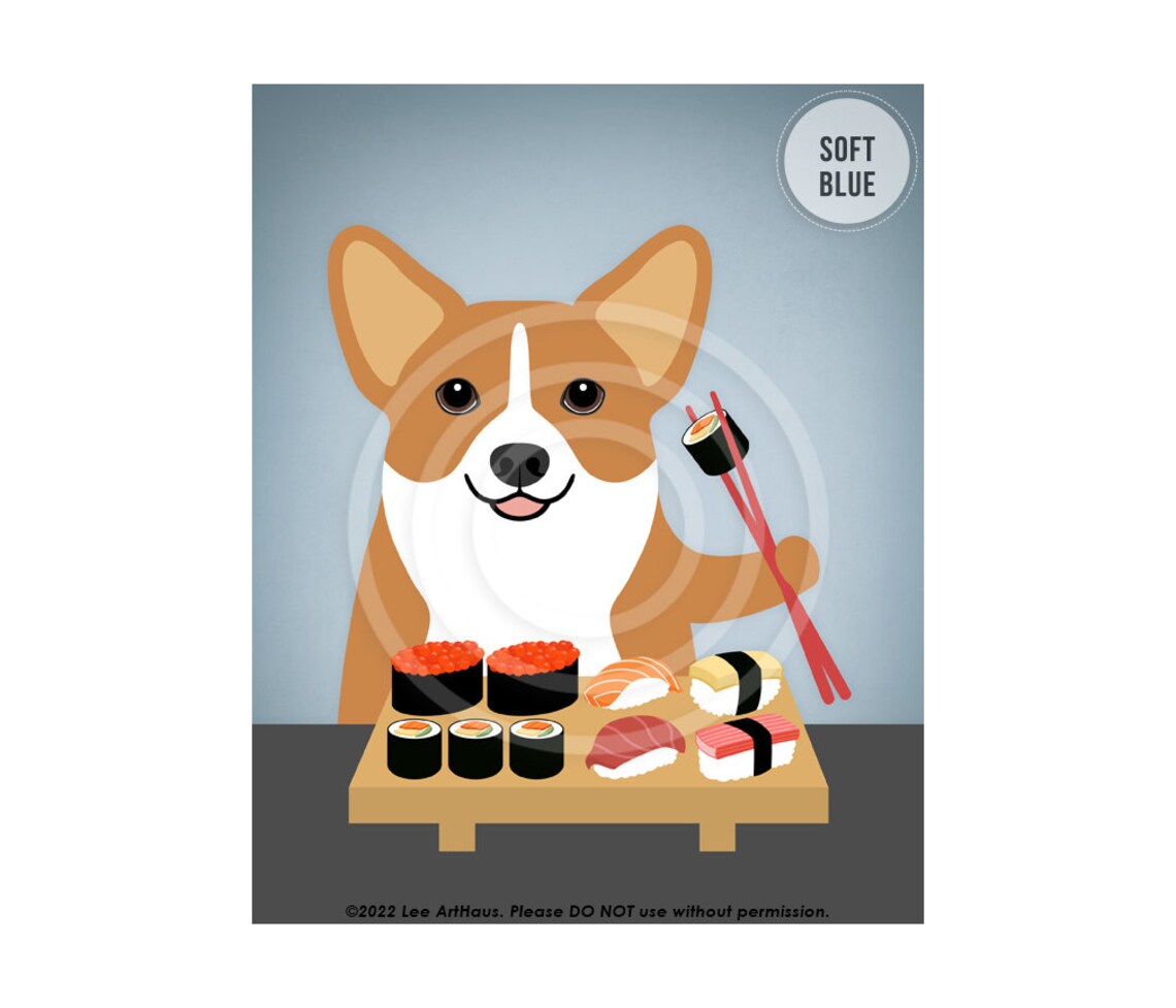 Corgi Eating Sushi Platter With Chopsticks Funny Dog Art Poster - Image 2