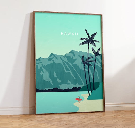 Hawaii Poster Surf Poster Beach Print Retro Travel Poster Print Minimalist Design