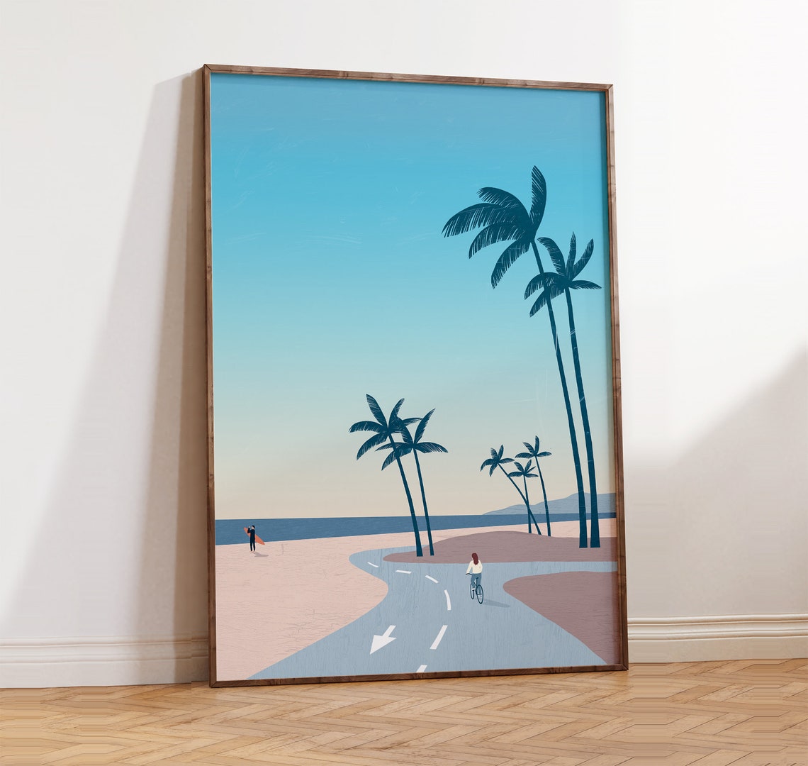 California Beach Palms Cyclist Surfer Sunset Boardwalk Scene Poster