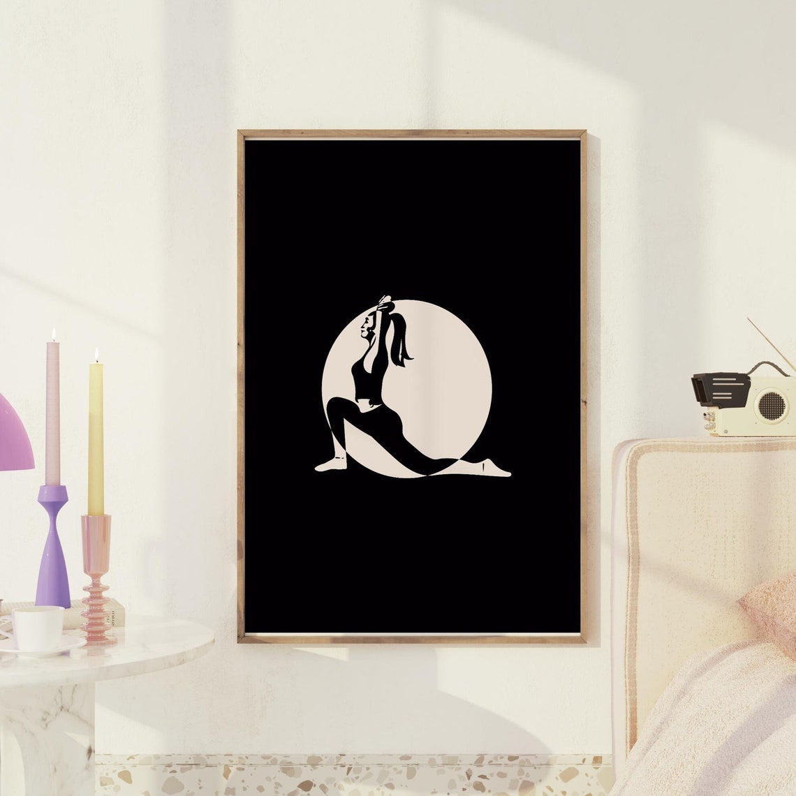 Yoga Pigeon Pose Silhouette Moon Black Modern Studio Wall Art