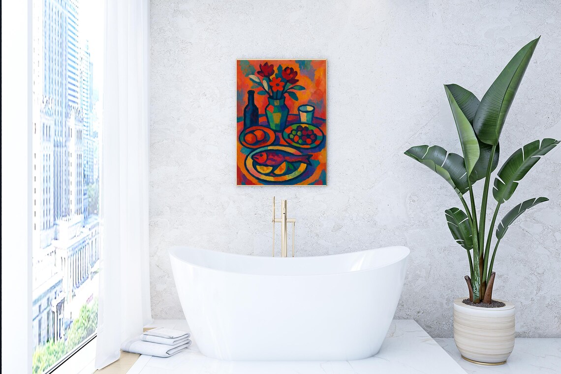 Fauvist Still Life Painting Bold Fish Fruit Flowers Kitchen Poster - Image 3